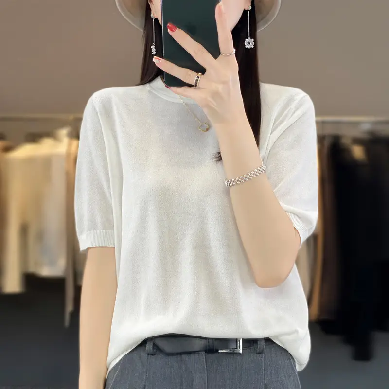 Women Green Knitted Short Sleeve T-Shirt Loose Crewneck - Image 7