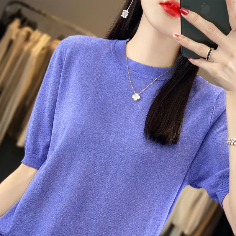 Women Green Knitted Short Sleeve T-Shirt Loose Crewneck - Image 8