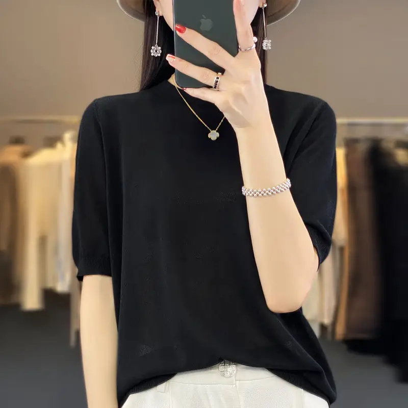 Women Green Knitted Short Sleeve T-Shirt Loose Crewneck - Image 9