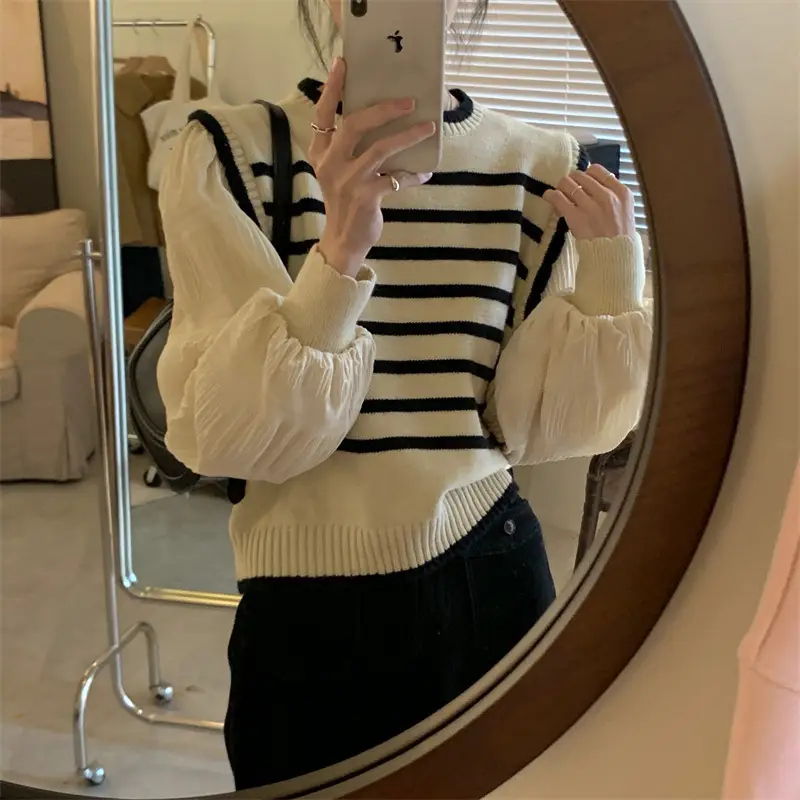 Women Knitted Casual Top Set Cream Black 2025 Spring - Image 3