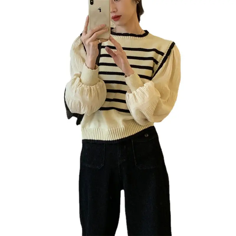 Women Knitted Casual Top Set Cream Black 2025 Spring - Image 5