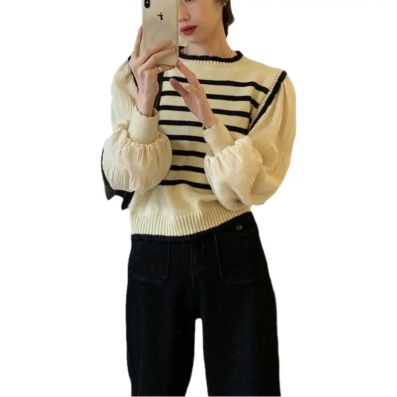 Women Knitted Casual Top Set Cream Black 2025 Spring