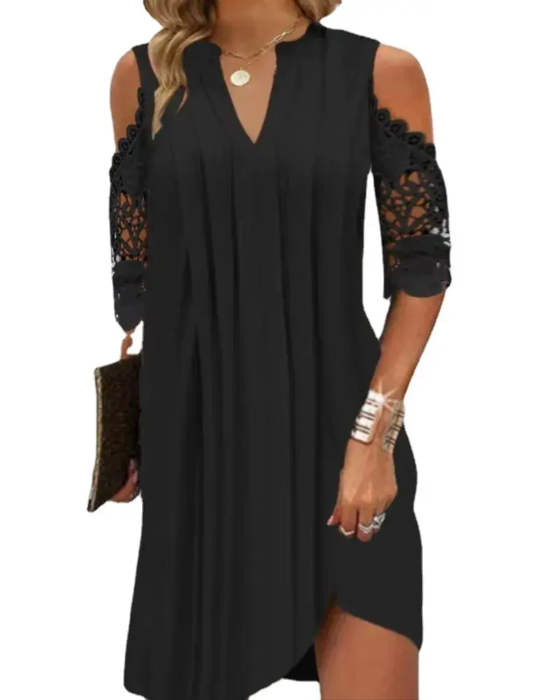 Black Lace Cut Out Sleeves Pleated Dress for Women - Image 2