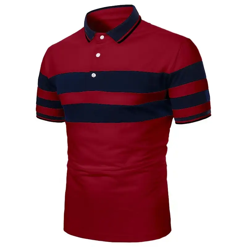3D Striped Polo Shirt White Navy Red Button