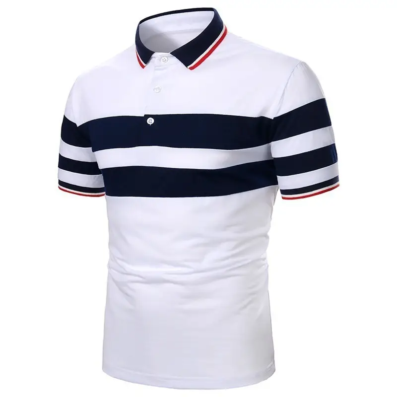 3D Striped Polo Shirt White Navy Red Button