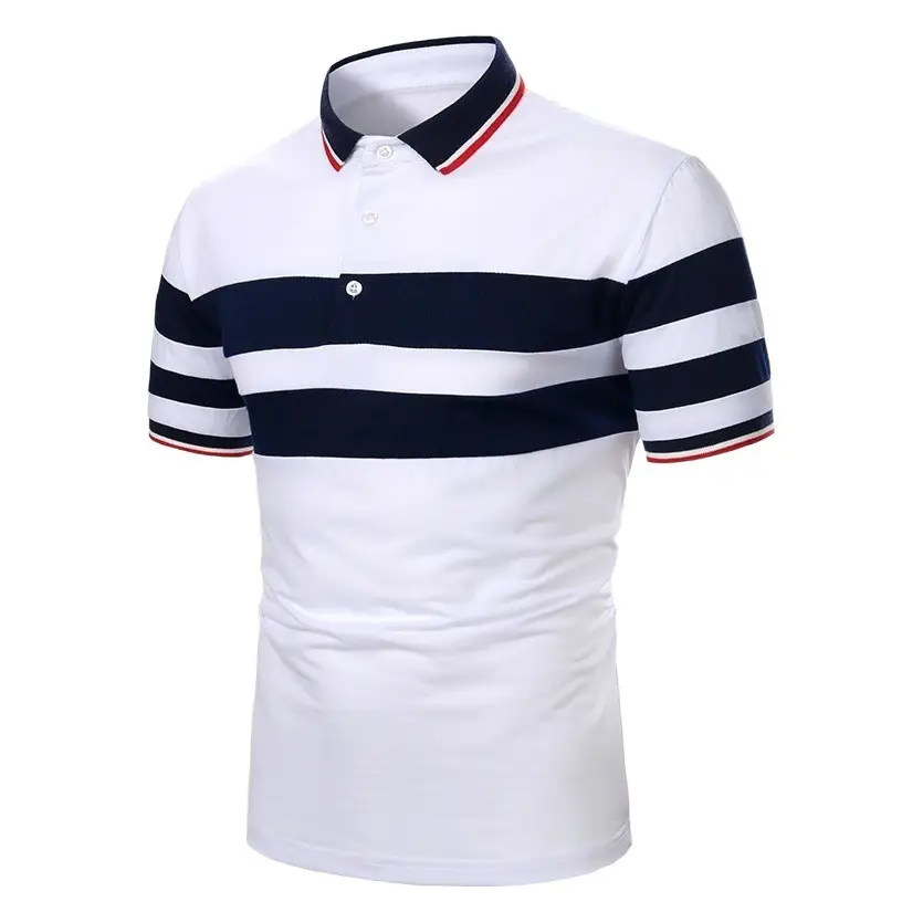 3D Striped Polo Shirt White Navy Red Button