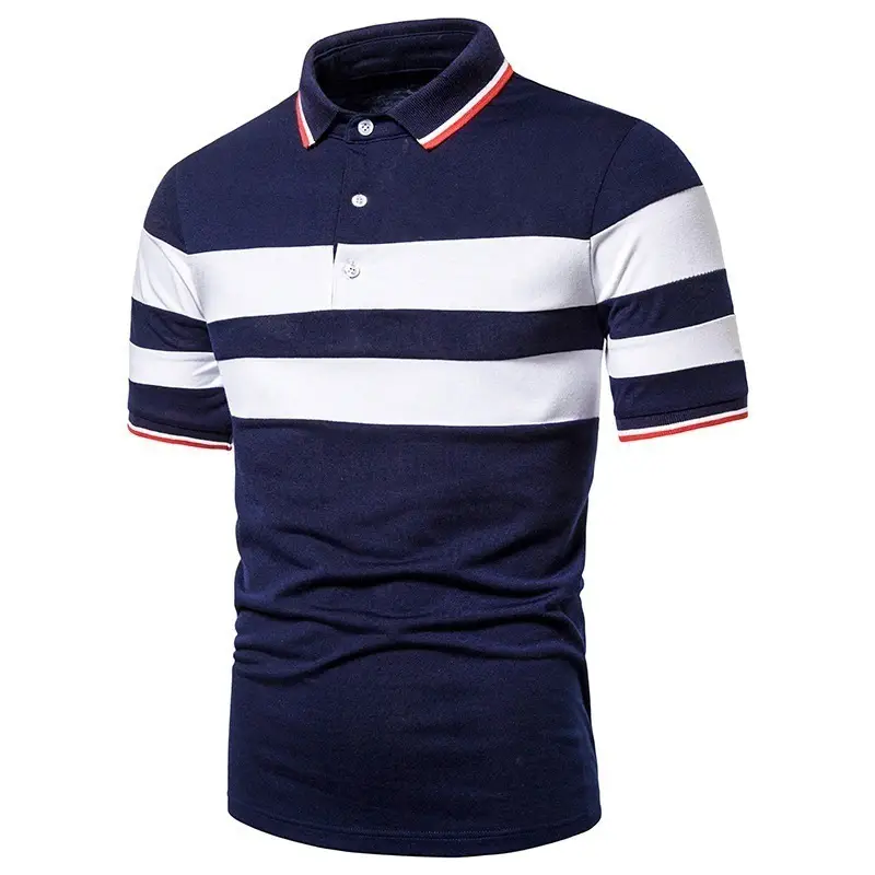 3D Striped Polo Shirt White Navy Red Button — feature 5
