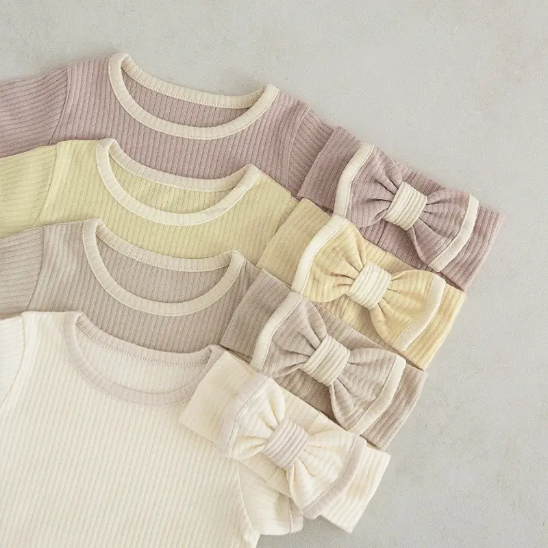 Baby Bow Headband Beige Ribbed Summer Wear - Image 16