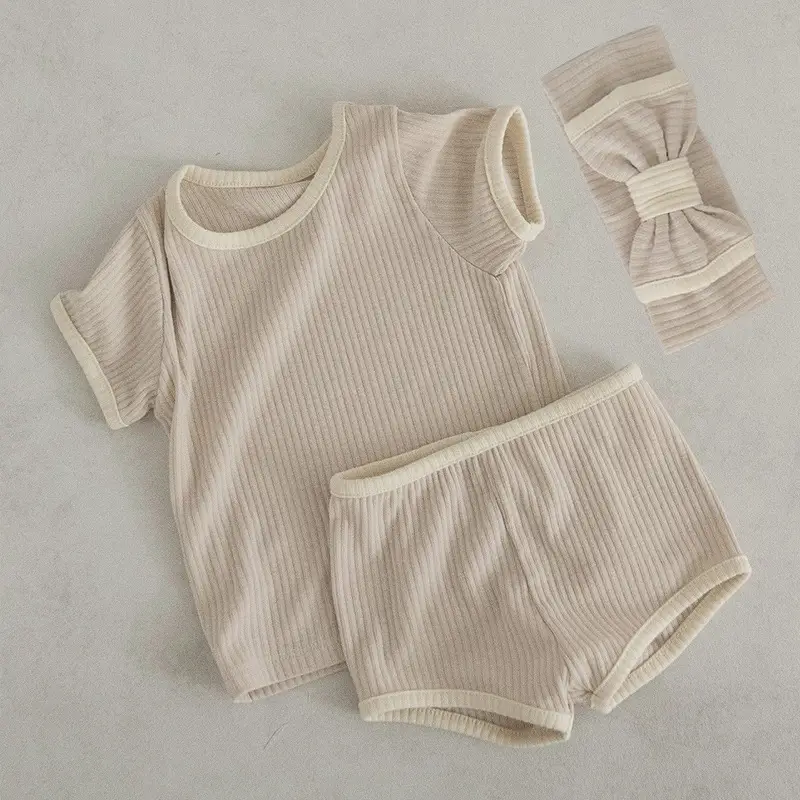 Baby Bow Headband Beige Ribbed Summer Wear - Image 10
