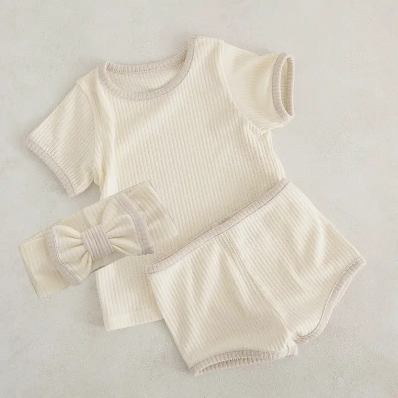 Baby Bow Headband Beige Ribbed Summer Wear - Image 9