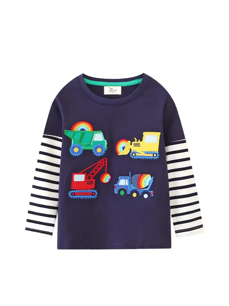 Kids Cotton T-Shirt with Truck Print, Navy Blue, Long Sleeve, Toddler Boys