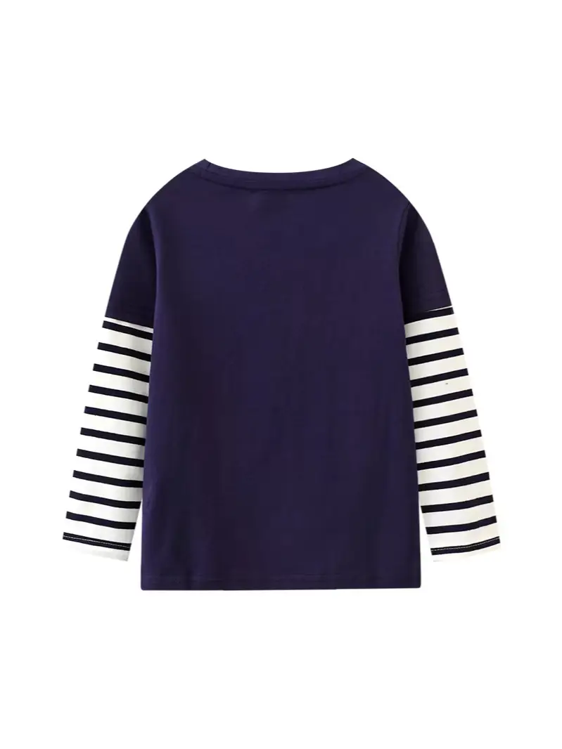 Kids Cotton T-Shirt with Truck Print, Navy Blue, Long Sleeve, Toddler Boys