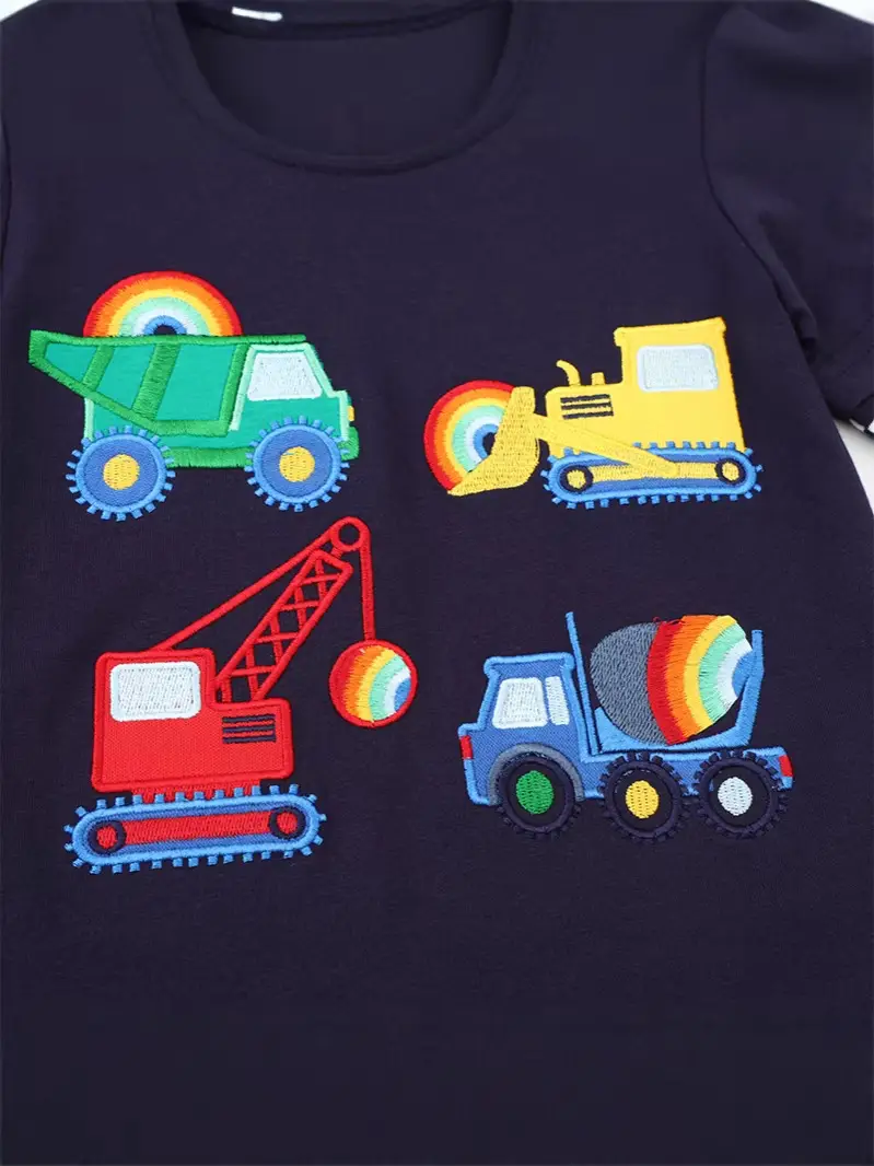 Kids Cotton T-Shirt with Truck Print, Navy Blue, Long Sleeve, Toddler Boys