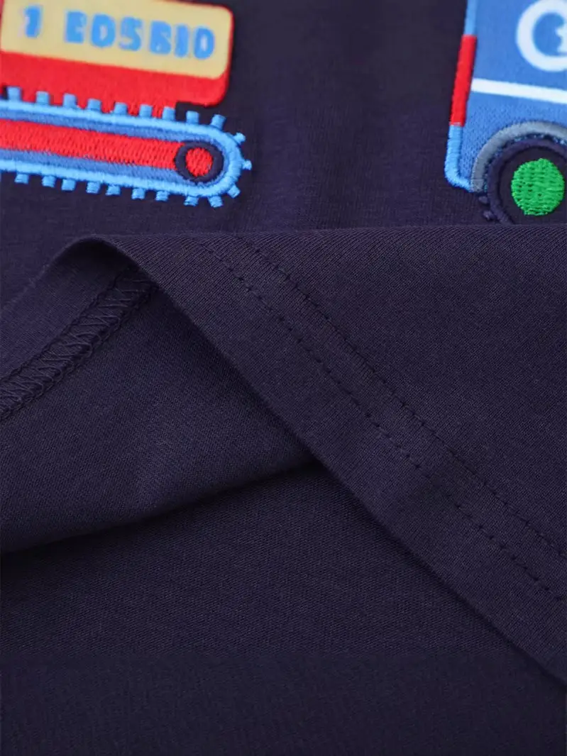 Kids Cotton T-Shirt with Truck Print, Navy Blue, Long Sleeve, Toddler Boys