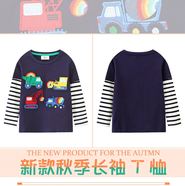 Kids Cotton T-Shirt with Truck Print, Navy Blue, Long Sleeve, Toddler Boys — feature 1