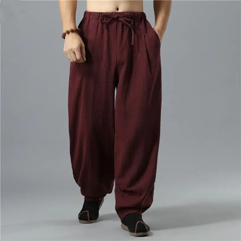 Men's Black Linen Buddha Style Loose Pants Plus Size