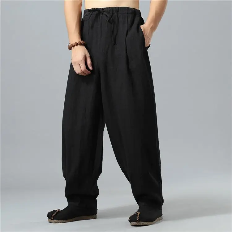 Men's Black Linen Buddha Style Loose Pants Plus Size — feature 10
