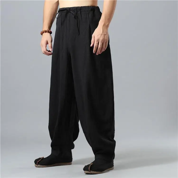 Men's Black Linen Buddha Style Loose Pants Plus Size — feature 11