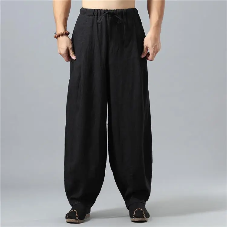Men's Black Linen Buddha Style Loose Pants Plus Size — feature 8