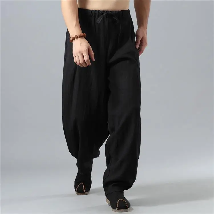 Men's Black Linen Buddha Style Loose Pants Plus Size — feature 9