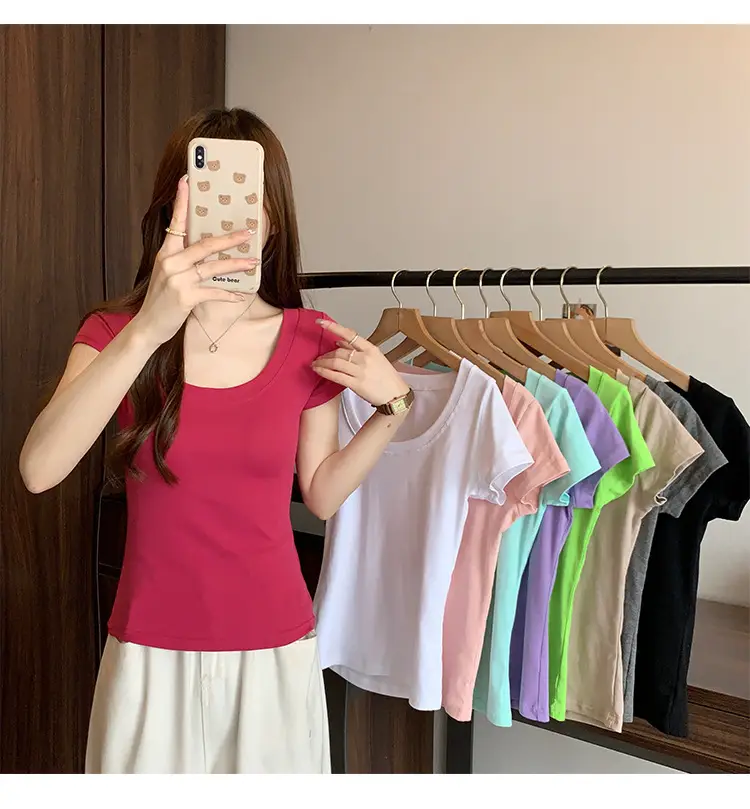 Women Slim Fit Short Sleeve T-Shirt Macaron Color — feature 1