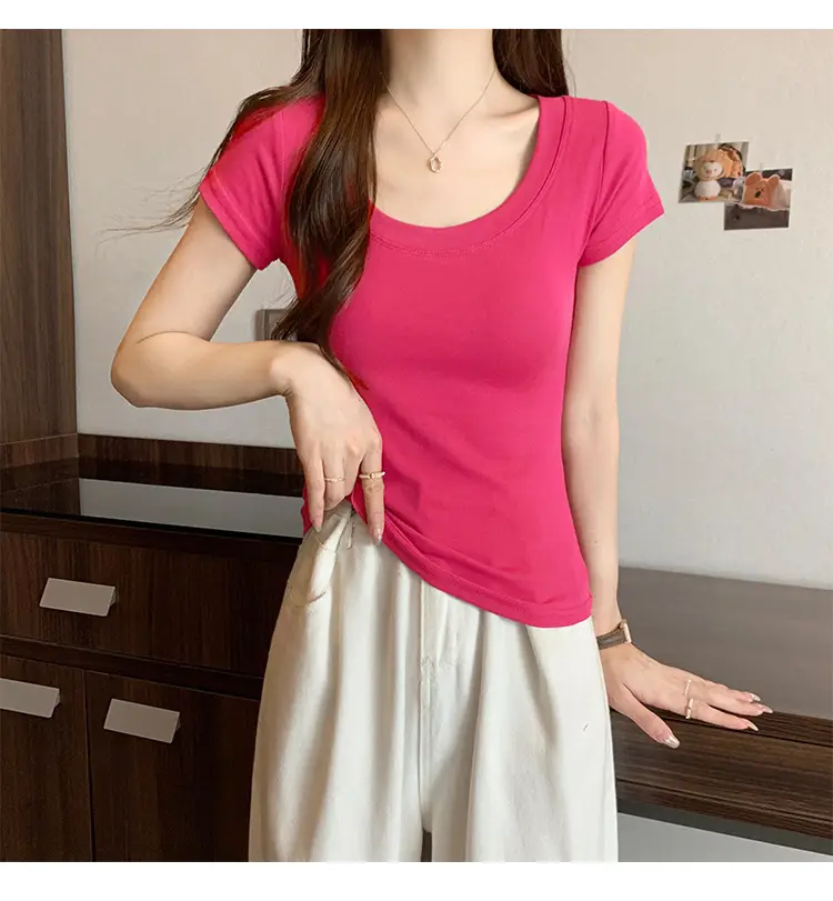 Women Slim Fit Short Sleeve T-Shirt Macaron Color — feature 10