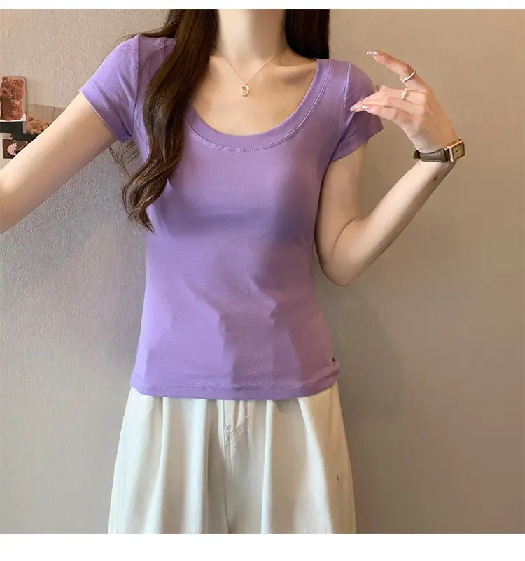 Women Slim Fit Short Sleeve T-Shirt Macaron Color — feature 11