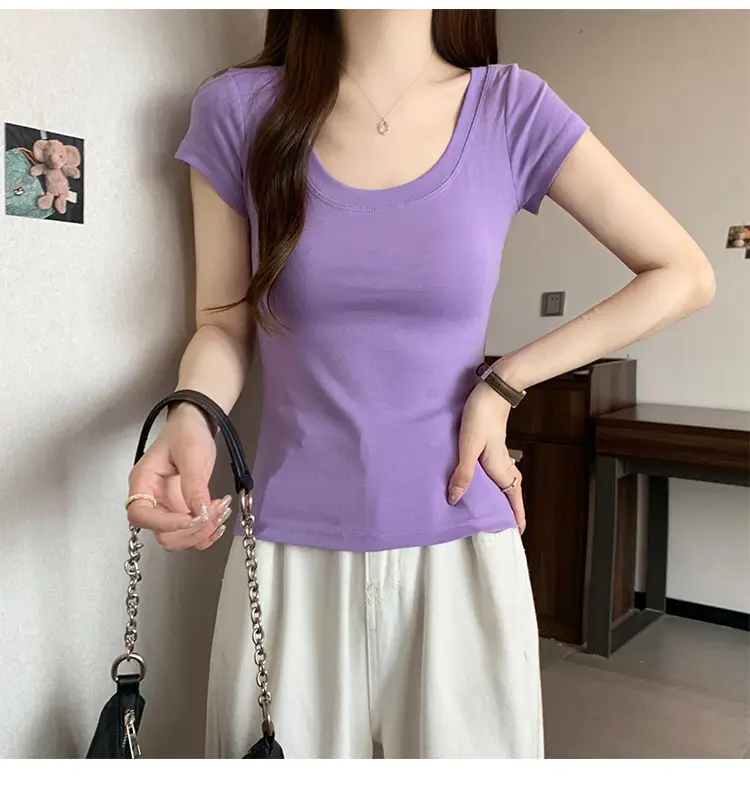 Women Slim Fit Short Sleeve T-Shirt Macaron Color — feature 12
