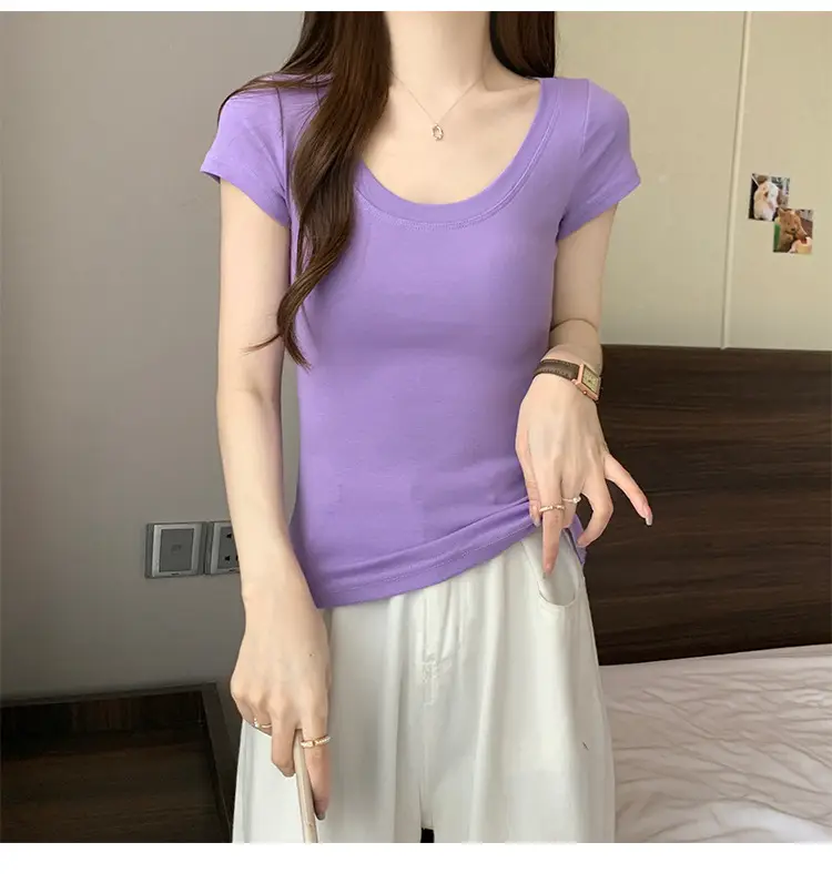 Women Slim Fit Short Sleeve T-Shirt Macaron Color — feature 13