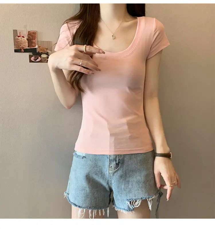 Women Slim Fit Short Sleeve T-Shirt Macaron Color — feature 14