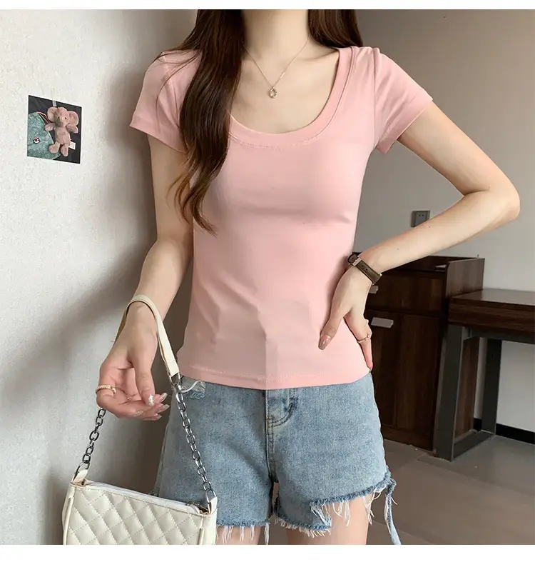 Women Slim Fit Short Sleeve T-Shirt Macaron Color — feature 15