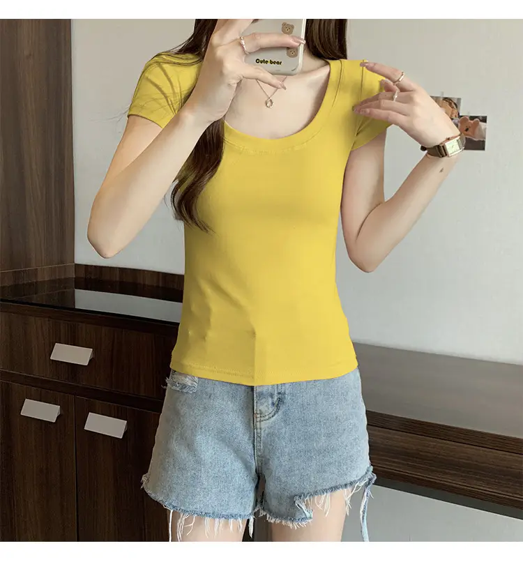 Women Slim Fit Short Sleeve T-Shirt Macaron Color — feature 17