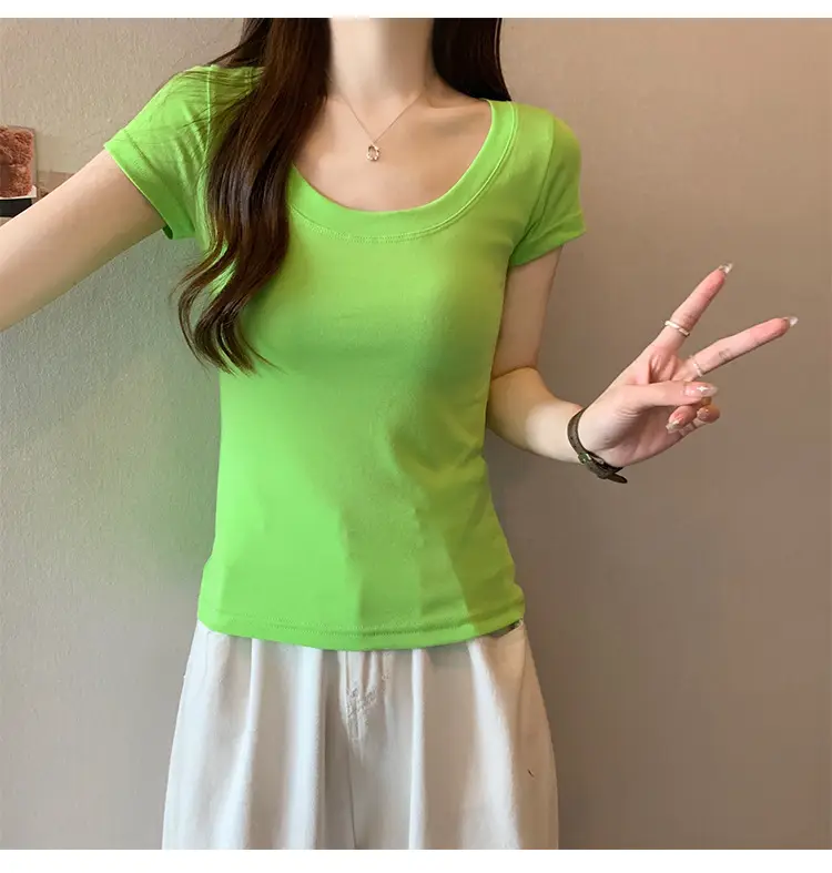 Women Slim Fit Short Sleeve T-Shirt Macaron Color — feature 19