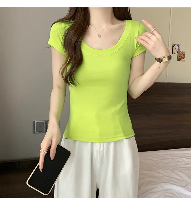 Women Slim Fit Short Sleeve T-Shirt Macaron Color — feature 22