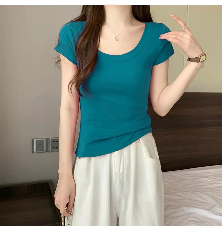 Women Slim Fit Short Sleeve T-Shirt Macaron Color — feature 24