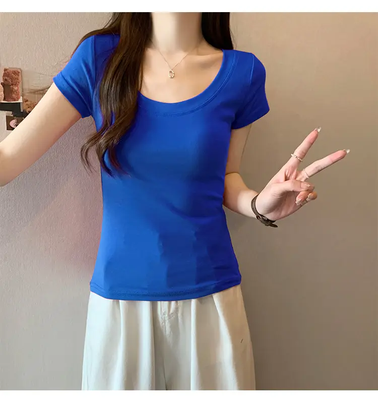 Women Slim Fit Short Sleeve T-Shirt Macaron Color — feature 26