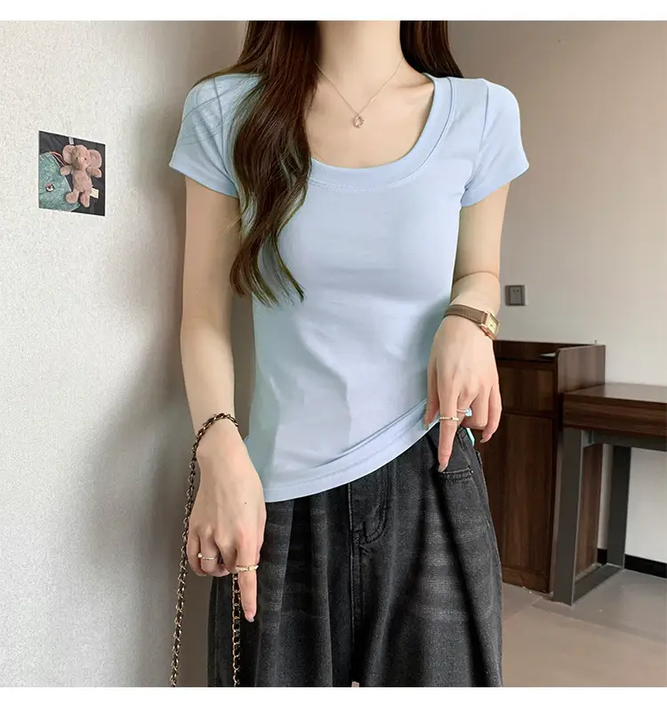 Women Slim Fit Short Sleeve T-Shirt Macaron Color — feature 27