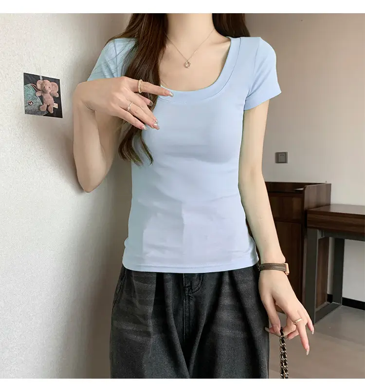 Women Slim Fit Short Sleeve T-Shirt Macaron Color — feature 28
