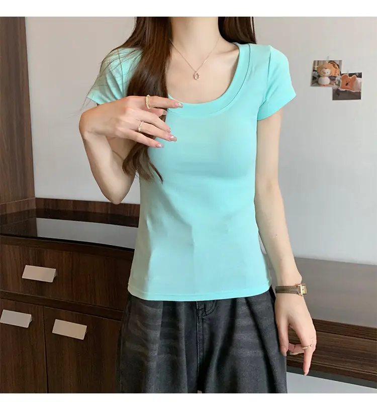 Women Slim Fit Short Sleeve T-Shirt Macaron Color — feature 29