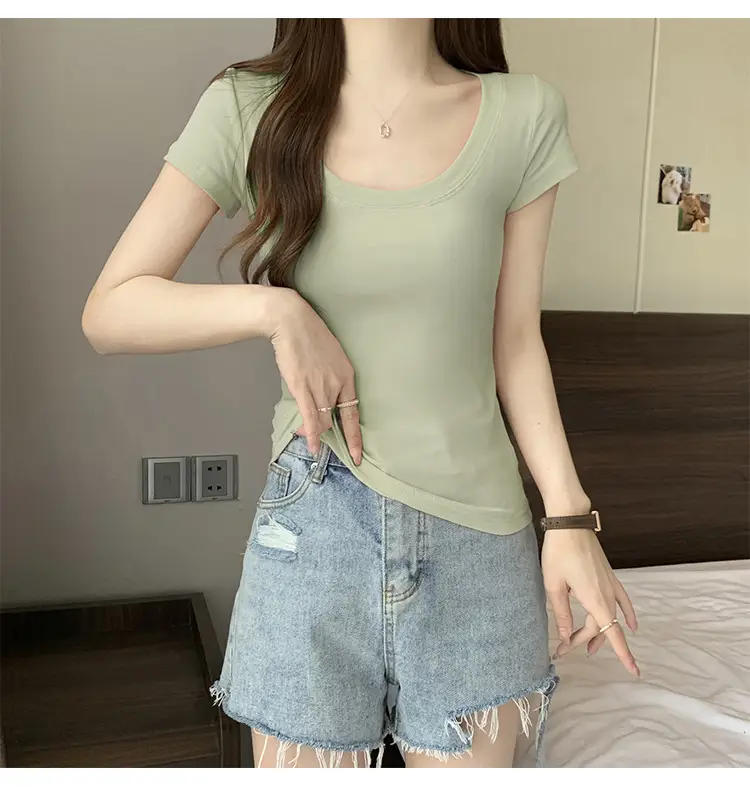 Women Slim Fit Short Sleeve T-Shirt Macaron Color — feature 33