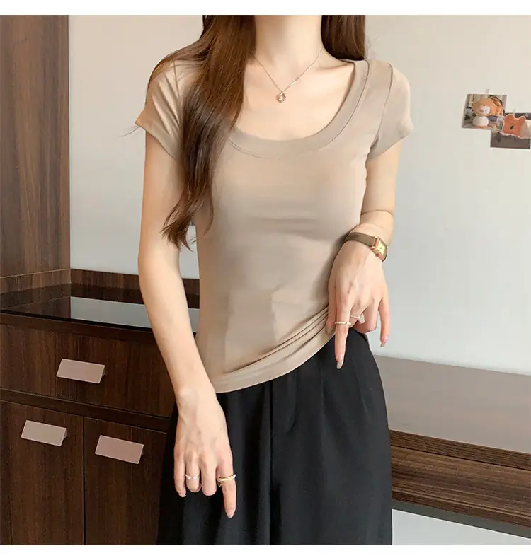 Women Slim Fit Short Sleeve T-Shirt Macaron Color — feature 34