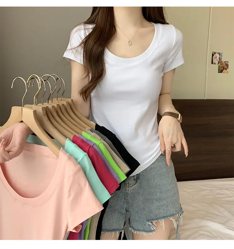 Women Slim Fit Short Sleeve T-Shirt Macaron Color — feature 40