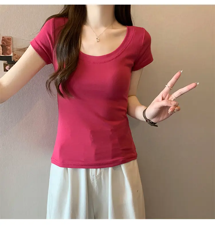 Women Slim Fit Short Sleeve T-Shirt Macaron Color — feature 8