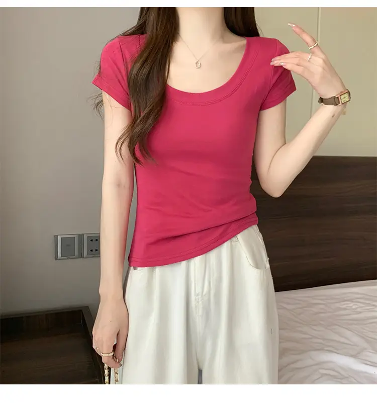 Women Slim Fit Short Sleeve T-Shirt Macaron Color — feature 9