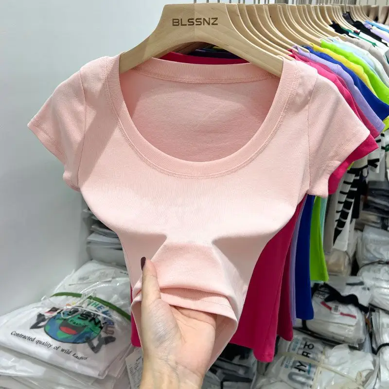 Women Slim Fit Short Sleeve T-Shirt Macaron Color - Image 2