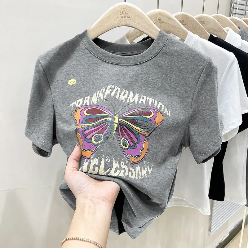 Vintage Butterfly Printed Women's T-Shirt Grey - Image 9
