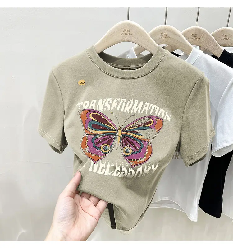 Vintage Butterfly Printed Women's T-Shirt Grey — feature 17