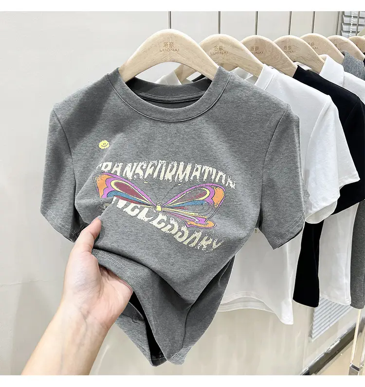 Vintage Butterfly Printed Women's T-Shirt Grey — feature 18
