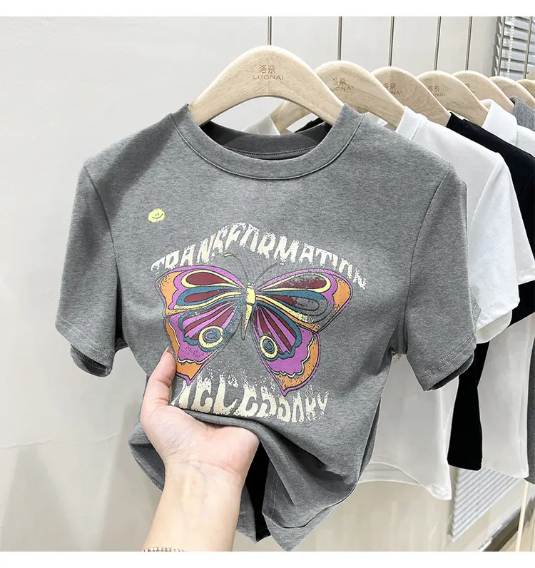 Vintage Butterfly Printed Women's T-Shirt Grey — feature 19