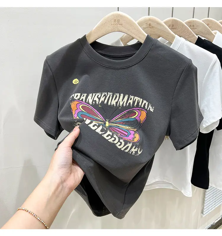 Vintage Butterfly Printed Women's T-Shirt Grey — feature 20